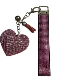 Sparkly Rhinestone Heart Keychain Wristlet Strap Pink Bling Tassel Charm