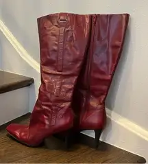 Nine West Dark Red maroon leather knee high boots heeled zip up square toe fall