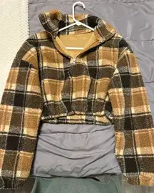 Brown Plaid Fuzzy Pullover Cropped Teddy Sweater