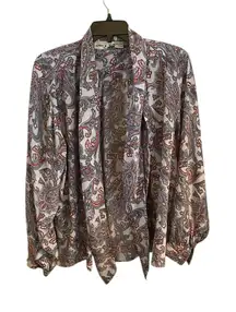 Vintage Secretary Blouse Paisley Gray red Pus*y Bow 70s 80s Fall Holiday attire