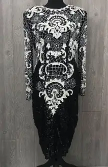 Vintage ornate beaded sequin long sleeve ball gown formal pearl dress med