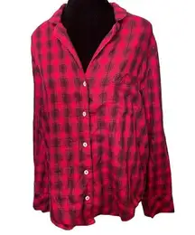 Victoria’s Secret Red Sparkly Metallic Plaid Flannel Festive Holiday Button Top