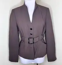 Belted Blazer Jacket 8 Womens Brown V-Neck Business Casual Button