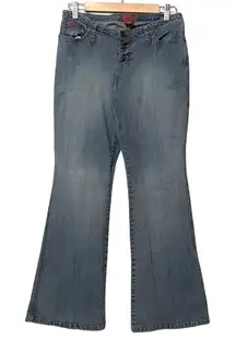 Vintage Y2K Low Rise Flare Jeans Sun Embroidered Back Pocket 7 Button Fly