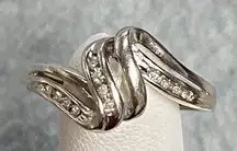 925 Sterling Silver Signed M Diamond Double Row Wave Bypass Ring Size 7
