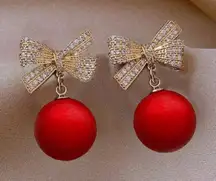 Red and Gold Bow Ornament Earrings