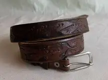 Vintage 70s Tooled Leather Skinny Belt Dark Brown Floral Western Cowboy Boho 36