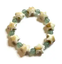 Multi Star Bracelet Sea Glass Blue Green Ceramic Beads Tan Stretchy