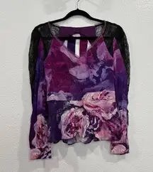 NWT Marchesa Notte Floral Bow Back Top Chiffon Long Sleeve V-Neck Blouse 0
