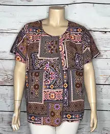 Denim & Co. Size 2X Geometric Patchwork Print Flutter Sleeve Blouse Top