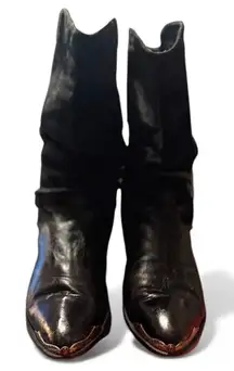 ZODIAC 80’s Vintage Black Leather/Suede Silver Heel & Toe Western Boots Sz 10 🦄