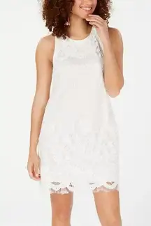 White Lace Sleeveless Jewel Neck Short Shift Dress