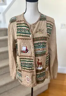 Vintage 90s Tan Christmas Holiday Cardigan Cabin Cozy Deer Fair Isle