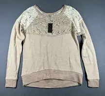 Miss Me Sweater Womens S Beige Lace Sequins Embellished Crew Neck Long Sleeve