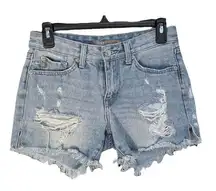 Just USA  Small Jean Shorts Mid-Rise Zip-Fly Distressed Rips Frayed Hems Blue