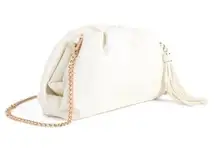 Understated Vegan Leather Crescent Clutch Ivory White Crossbody Chain & Tassel