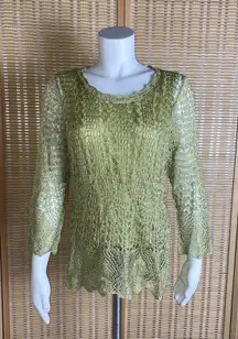 Emma & James Crochet Knit Lined Lime Green Long Sleeve Top 