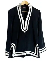 525 America Black White Trim Long Sleeve Split Neck Tunic Sweater Size M