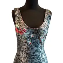 CACHE Dress Body Hug Lined Beaded Embroidery 13.5" Split Scoop Front Back $198