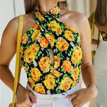 Zara Twist Neck Floral Halter Top Bodysuit Small Yellow Green Floral Sz M