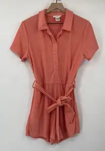 Lovers + Friends  Terry Cloth Romper Collared Belted Tie Waist Coral Orange M