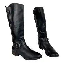 Arturo Chiang Women's Sz 8 Elsie Black Leather Riding Boots Moto Boho Tall