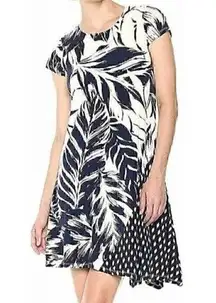 IVANKA TRUMP Cap Sleeve Printed Trapeze Dress Navy Blue Floral Fit Flare Work XS