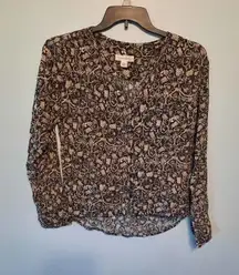 TREASURE & BOND Brown & Beige Shirred Floral V-neck Blouse w Shirt Tail Sz S