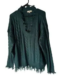 Entro Womens M Green Cable Knit V Neck Distressed Fringe Sweater Boho Western