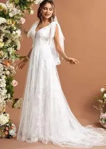 SheIn  Belle Floral Embroidered Bow Mesh Floor Length Wedding Dress Without Veil