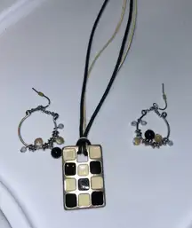 Checkerboard Pendant Necklace & Beaded Hoop Earrings‎ Set Fashion Jewelry