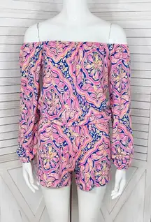 Lilly Pulitzer Lana Off The Shoulder Long Sleeve Shorts Romper Pink Blue XS