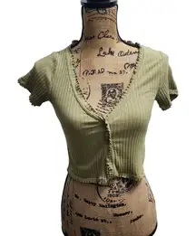 PAC Sage Green Ribbed Crop Top Button Front Short Sleeve Y2K Style Size S‎