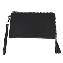 Black Chain Trim Wallet Wristlet Tassel‎ Matching Pouch Textured Vegan Leather