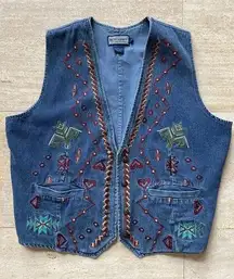 Vintage 80s Ruff Hewn Embroidered Southwest Aztec Blue‎ Denim Vest L