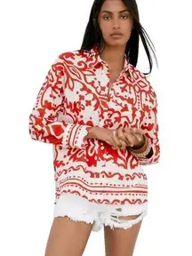 Zara Women's Red And White Printed Long Sleeve Shirt Size S