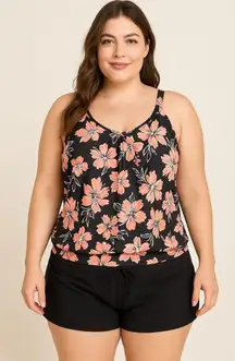 Aqua Eve Womens Tankini Swim Set Size L Black Floral‎ Modest Full Coverage Beach