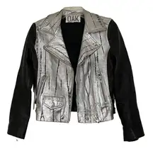OAK Genuine Leather Black and silver metallic motorcycle riding zip up jacket S