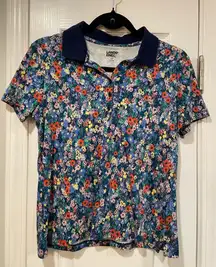 Lands End Size S Navy Blue Floral Cotton Collared Short Sleeve Polo Shirt