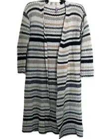 Alya White & Tan Striped Open Knit Duster Cardigan - Size Small - Open Sweater