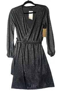 Halogen Dress Womens S‎ Black Sparkly Faux Wrap Drape Long Sleeves Dress NEW