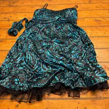 Ruby Rox Strapless Ruched Dress Blue Black Damask Tulle Skirt Size L Y2K cutie