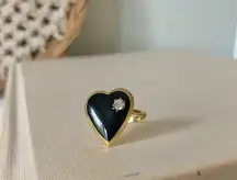 Black Heart & Rhinestone Gold Ring Onyx Obsidian Midnight Goth Classic Vintage Jewelry