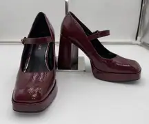 Kenneth Cole Women Burgundy Patent Leather Mary Jane Platform Chunky Heels Shoes