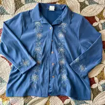 Vintage blue faux suede cottagecore grandma embroidered long sleeve button up