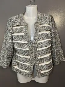 White House Black Market Jacket Womens 4 Black White Tweed 3/4 Sleeve Open Front