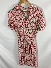 Kenar Red White Patterned short Sleeve Belted Dress Size 12