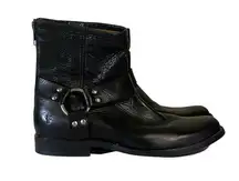Frye Women 6.5 Black Leather Back Zip Philip Harness Buckle Ankle Boots Biker