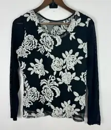 Sheer Mesh‎ Floral Lace Top Medium Black Romantic Gothic Witchy Whimsigoth Fairy