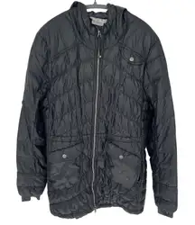 Athleta Goose Down Jacket Black XL Hooded Packable Puffer GUC Mended Hole